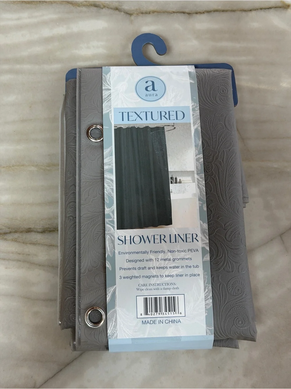 Aura Gray Textured Shower Liner with Metal Grommets